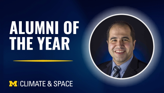 Graphic with photo of Dr. Talaat and the words Alumni of the Year, U-M Climate and Space