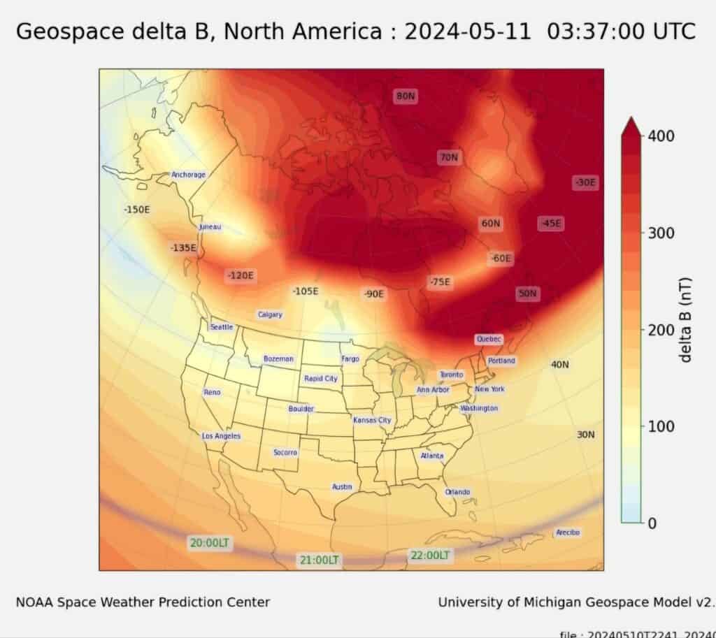 Graphic showing distribution of ground geomagnetic disturbances from the G5 Storm. 