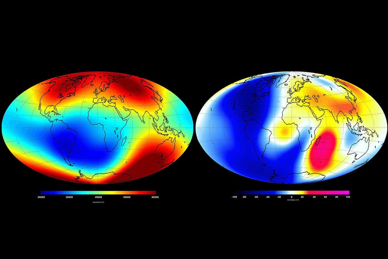 Alt-text: Side by side heat maps of the Earth. A scale at the bottom in nanotesla, a unit of measurement for magnetic fields, denotes blue as a weaker magnetic field and red as a stronger magnetic field. Left: The North Pole in dark red fades to yellow through North America and Asia. The South Pole in dark red extends up towards Australia. South America, Africa, and Asia are blue and green. Right: Madagascar and the Indian Ocean in dark red. China is light red and Asia as a whole is yellow. North and South America in dark blue. The rest of the map is white.